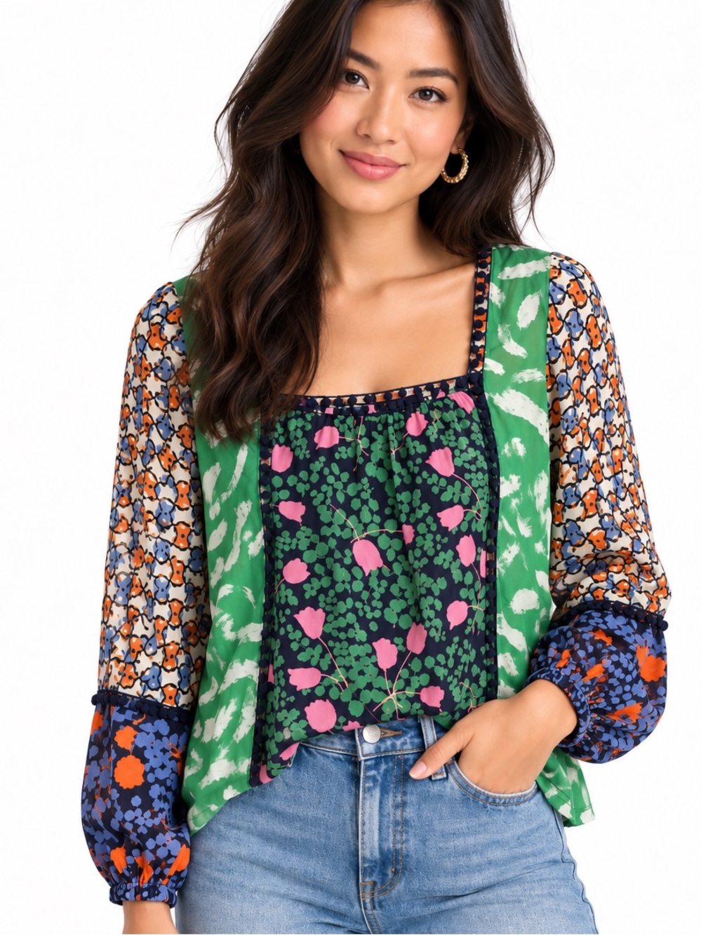 Anthropologie Maeve Green, Pink, Blue & Orange Mixed-Print Blouse